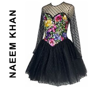 Vintage Naeem Khan Riazee 80s Black Floral Sequin Tulle Party Dress Size 10